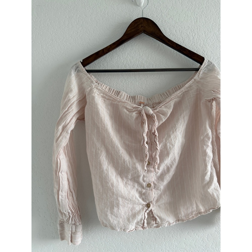 Free People Boho Off-the-Shoulder Sz S Pink Striped Cotton Linen Blend Blouse
